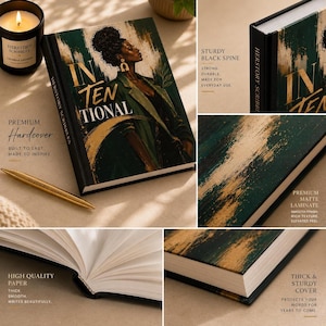 A five-panel product collage highlights close-up details of the journal including the front cover, the black spine with Herstory Scribbles text, the matte laminate texture, high quality paper pages, and sturdy cover thickness.