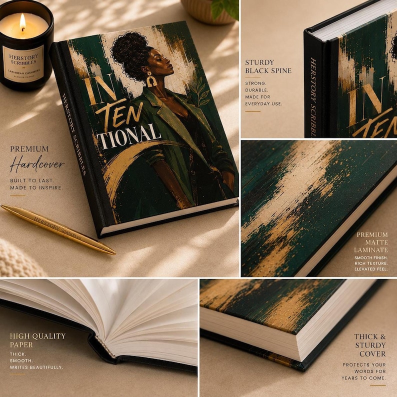 A five-panel product collage highlights close-up details of the journal including the front cover, the black spine with Herstory Scribbles text, the matte laminate texture, high quality paper pages, and sturdy cover thickness.