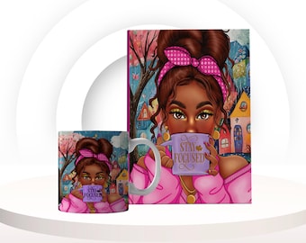 Black Woman Journal Gift Set with Matching Tote Bag, Candle & Keychain – Self Care Stationery Set for Her –Handmade Notebook for Black Women