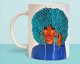 Personalized Afro Woman Rhinestone Cup, 15oz Glamorous Bling Mug, Black Woman Bling Coffee Cup, Sparkly Mug