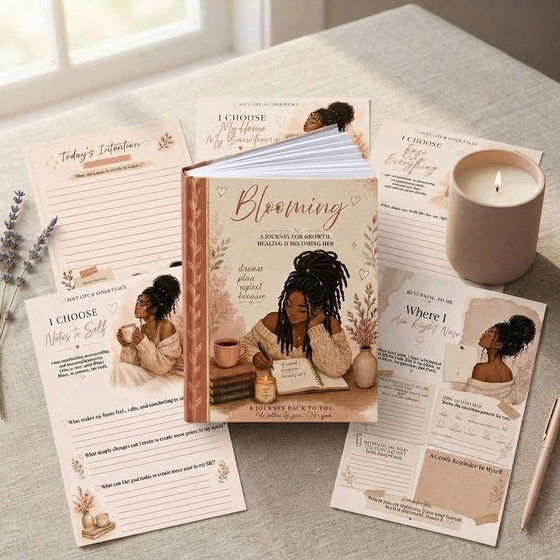 Quietly Blooming journal arranged with reflection sheets and candle as a gift set