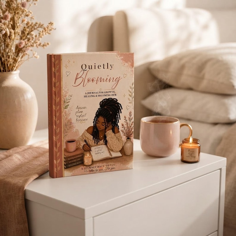 Quietly Blooming guided journal on a nightstand with a mug and candle in a cozy bedroom setting