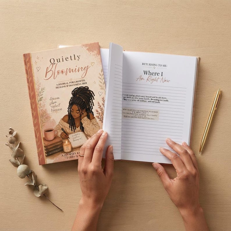 Hands opening the Quietly Blooming journal on a desk with a pen and dried botanicals