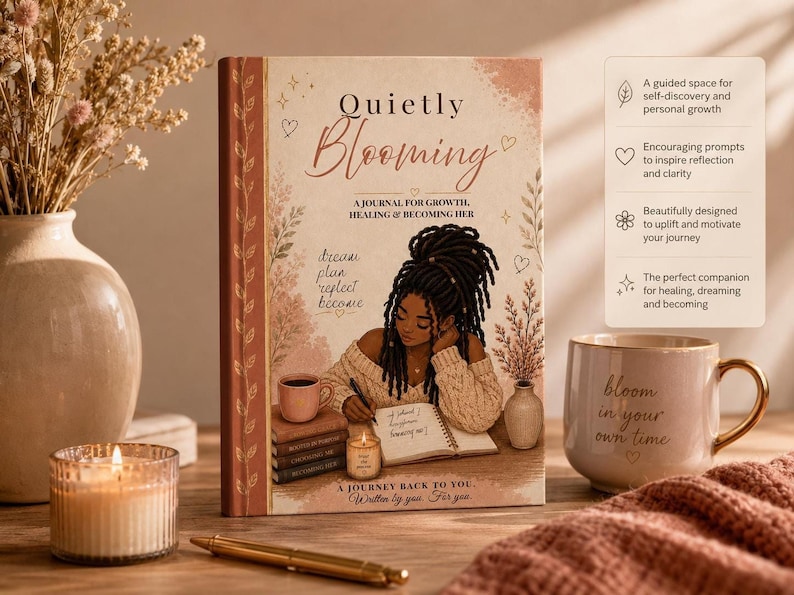 The journal standing upright next to a lit candle, a mug, a pen, and text callouts highlighting features.