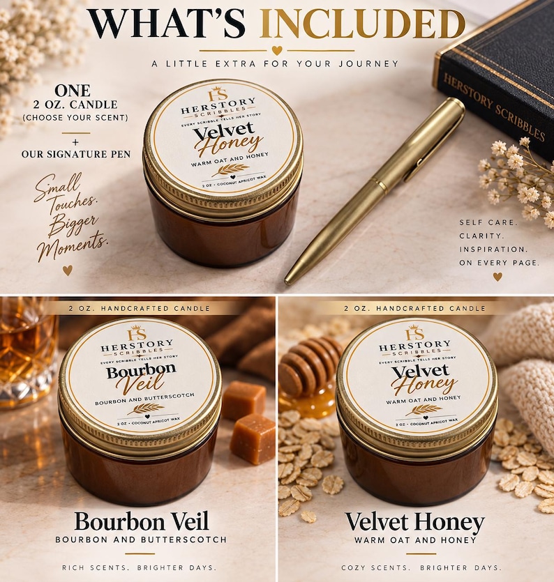 K&ouml;nnte beinhalten: Eine 57 g Kerze in einem braunen Glasgef&auml;&szlig; mit goldenem Deckel, beschriftet mit Velvet Honey, neben einem goldenen Stift und einem schwarzen Notizbuch. Der Text lautet WHAT'S INCLUDED, HERSTORY SCRIBBLES, Bourbon Veil und Velvet Honey.