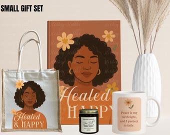 Self Care Gift Set for Black Women.Handmade 150-Page Journal, Affirmation Mug, Hand Poured Candle, Matching Tote Bag, Body Butter & More