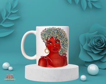 Afro Lady Rhinestone Bling Coffee Mug, Personalized Cup, Black Woman Mug, Rhinestone Coffee Cup