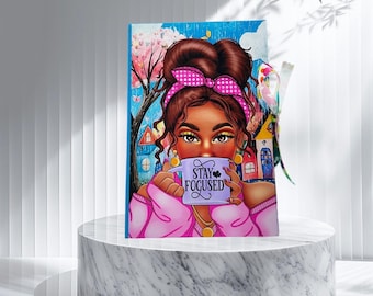 Black Woman Journal Gift Set with Matching Tote Bag, Candle & Keychain – Self Care Stationery Set for Her –Handmade Notebook for Black Women