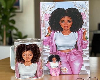 Black Woman Art  Pink Journal Gift Set: Mug, Candle & Bracelet