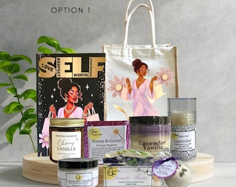 Handmade Self Care Gift Set for Black Women Lavender & Vanilla Spa Box with Journal, Tote Bag, Candle, Relaxation Kit- Self Love notebook