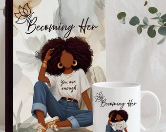 Mindfulness Journal and Mug Set for Black Women • Guided Prompts, Self-Care. Personalized Coffee Mug. Becoming Her