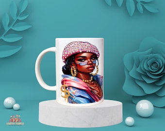 Personalized Afro Woman Rhinestone Mug – 15oz Double-Sided Bling Coffee Cup for Black Women, Custom Gift with Sparkle