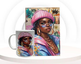 Black Woman Mug & Journal Gift Set – Afrocentric Bling Personalized Mug + Hardcover Lined Notebook – Empowerment Gift for Her