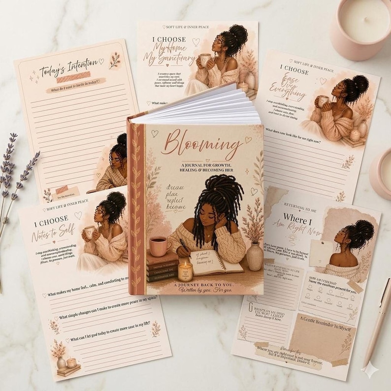 The journal surrounded by open interior pages displaying various guided writing prompts and floral illustrations.