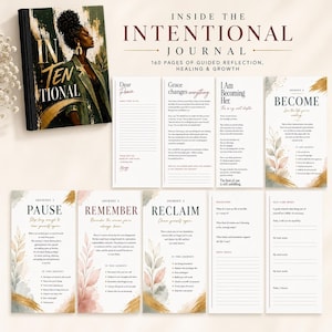 A composite image displays the cover and several open interior pages of the Intentional journal, showing guided prompts, section headers like Pause and Reclaim, and lined writing areas.