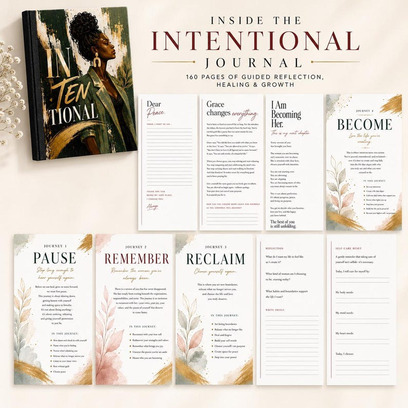 A composite image displays the cover and several open interior pages of the Intentional journal, showing guided prompts, section headers like Pause and Reclaim, and lined writing areas.