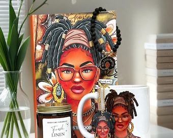 Black Woman Journal Gift Set Handmade Journal Mug & Candle Set . Fresh Linen Scent | Affirmation Gift for Black Women
