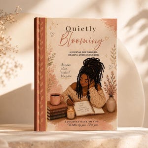 Front cover of the hardcover journal titled Quietly Blooming with an illustration of a Black woman writing at a table.