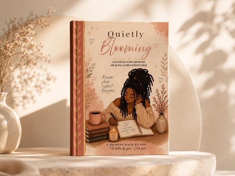 Front cover of the hardcover journal titled Quietly Blooming with an illustration of a Black woman writing at a table.