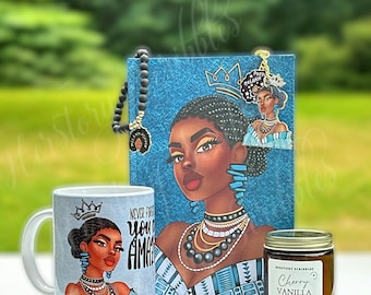 Black Woman Gift Set: Journal, Mug, Candle, Bracelet, Keychain