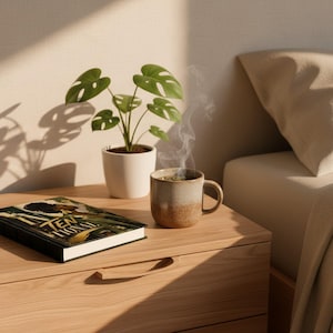 Guided Prompt Journal for Women placed on a bedside table with a steaming mug and soft morning light.