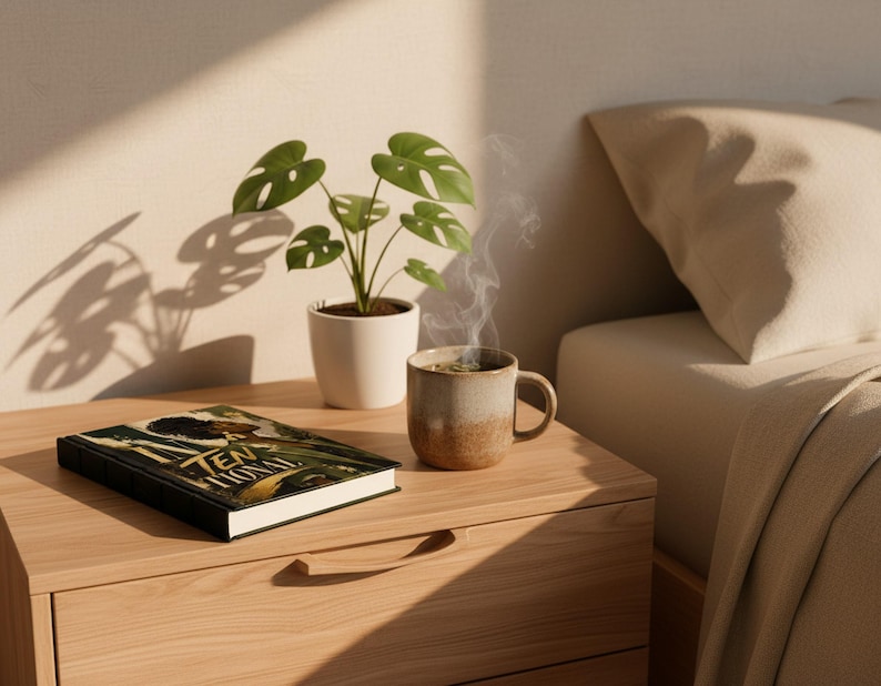 Guided Prompt Journal for Women placed on a bedside table with a steaming mug and soft morning light.