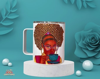 Personalized bling mugs. 12oz Rhinestone Afro Lady coffee mugs. Stainless steel Bling coffee cup. Afro bling mugs, gifts for her