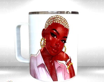 Rhinestone Afro Lady coffee mugs. Personalized bling mugs. Stainless steel Bling coffee cup.  12oz Afro bling mugs