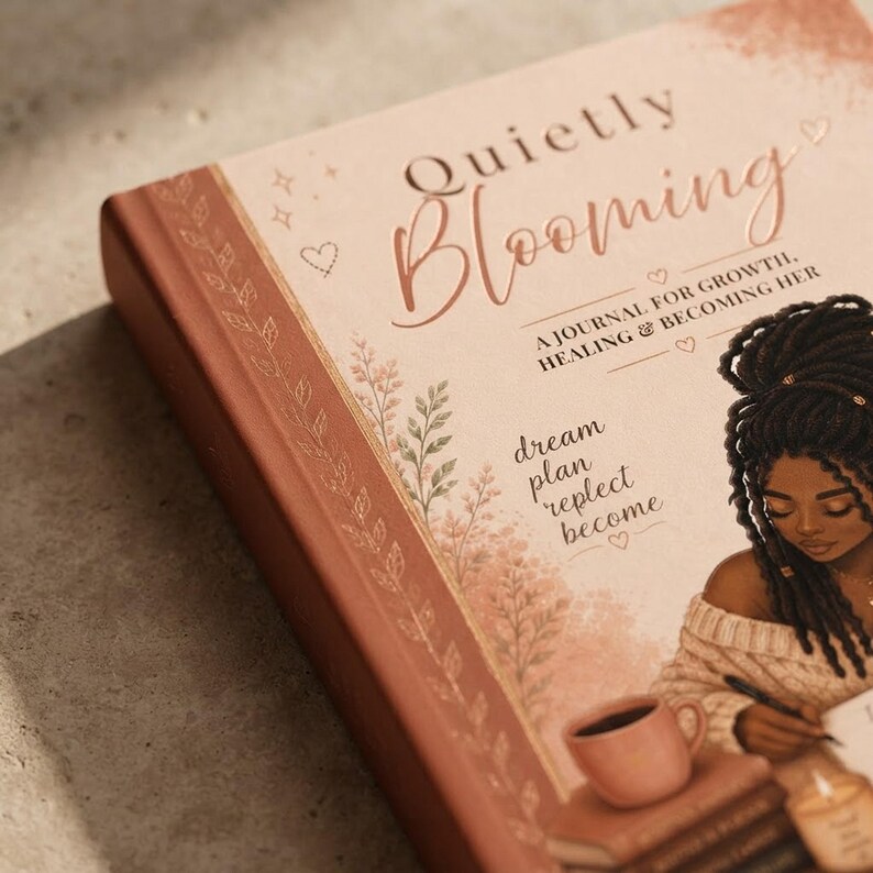 Close-up detail of the hardcover binding and finish of the Quietly Blooming journal