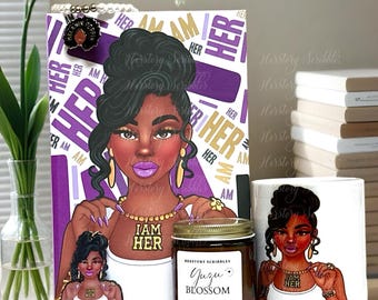 I Am Her Gift Set | Black Woman Journal, Mug & Candle Set | Empowerment Gift for Black Women | Yuzu Blossom Scent