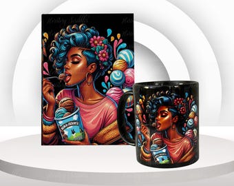 Black Woman Journal, African American Woman Illustration, hardcover Handcrafted Lined Notebook, and Coffee mug set