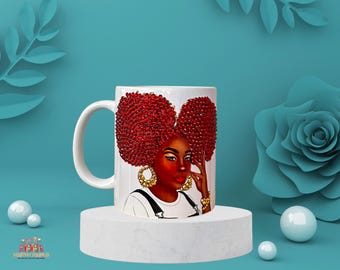 Bling Mug with Afro Lady, Personalized Rhinestone Cup, Black Woman Coffee Mug, Bedazzled Coffee Cup