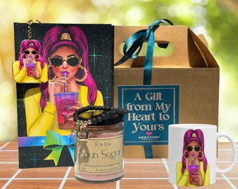 Handmade Black Woman Gift Set: Afrocentric Notebook, Mug, Tote, Candle, Bracelet, Keychain