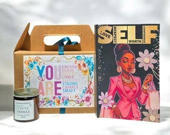 Handmade Self Care Gift Set for Black Women Lavender & Vanilla Spa Box with Journal, Tote Bag, Candle, Relaxation Kit- Self Love notebook