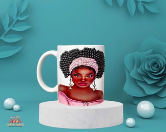 Rhinestone coffee mugs personalized with bling designs, including Afro-inspired designs and black woman designs.