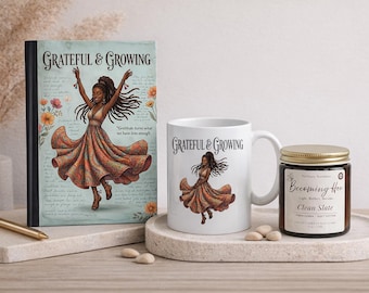 Grateful & Growing Self-Care Bundle, Journal, Mug, Candle. Gift for Black Women