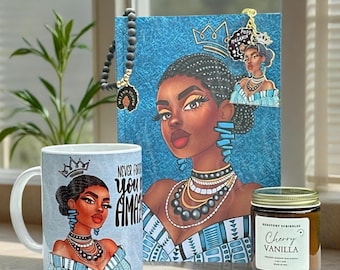Black Woman Gift Set: Journal, Mug, Candle, Bracelet, Keychain