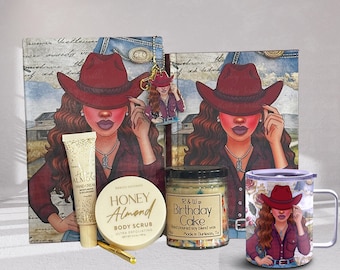 Journal Gift Set for Black Women – Cowgirl Mug, Candle, Keychain, Book Pouch & Honey Almond Body Scrub – Birthday Self-Care Box