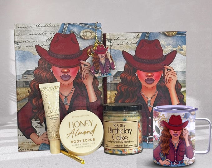 Featured listing image: Journal Gift Set for Black Women – Cowgirl Mug, Candle, Keychain, Book Pouch & Honey Almond Body Scrub – Birthday Self-Care Box