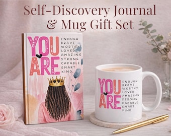 Self-Discovery Journal and Mug Gift Set, Gold Pen, Black Women, Handmade Stationery