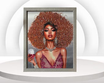 Sparkle & Sip Diva Wall Art – Afro Glam Glitter Shadow Box | Black Woman Luxury Decor | Afrocentric Rhinestone Home Decor - Glam Art