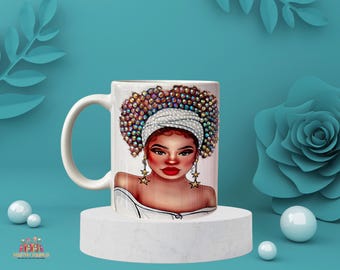 Personalized Rhinestone Cup, Bling Mug with Afro Lady, Black Woman Coffee Cup, Bedazzled Rhinestone Mug