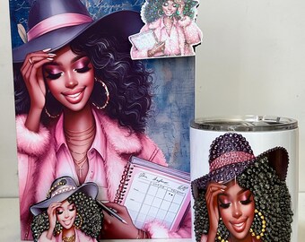 African American Woman Planner hardcover 12-month budget planner gift set. 12-month un-dated budget planner.  Planner and Mug set.