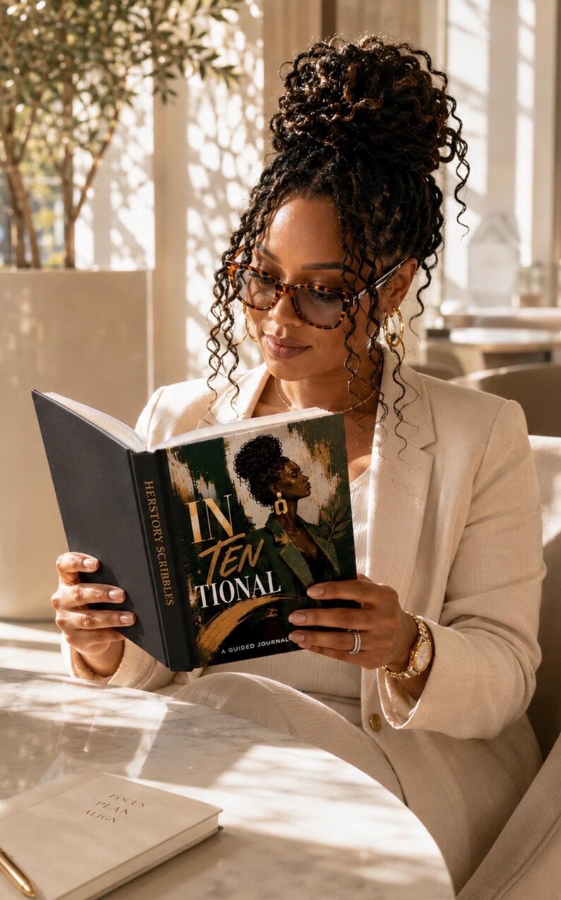 A woman with glasses and her hair in a high bun sits indoors while reading the open Intentional guided journal, wearing a light-colored blazer.