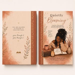 Back and front covers of the hardcover journal laid flat, showing text, floral art, and the illustration.
