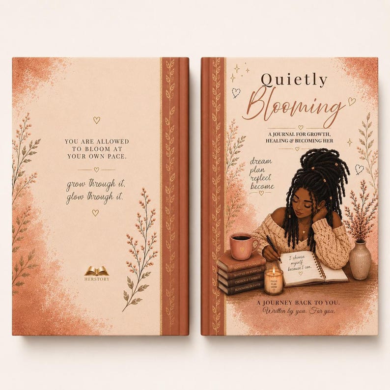 Back and front covers of the hardcover journal laid flat, showing text, floral art, and the illustration.