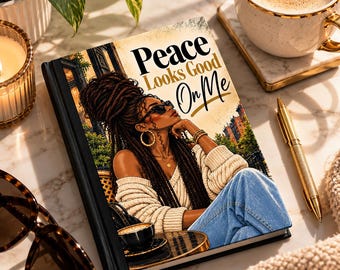 Könnte beinhalten: Ein Notizbuch mit festem Einband und einer Illustration einer Person mit langen geflochtenen Haaren, die einen beigen Pullover und eine blaue Jeans trägt, mit dem Text Peace Looks Good On Me und einer Sonnenbrille.