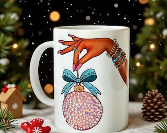 Personalized Christmas Glam Coffee Mug with Assorted Goodies. Holiday Gift for Her | Black Girl Christmas Mug. Stocking Stuffer 15oz Glam