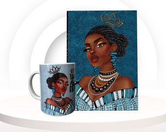 Black Woman Gift Set – Self Care Journal, Mug, Tote Bag, Candle, Bracelet,&  Keychain  – Melanin Poppin Birthday Box. Gift for her.