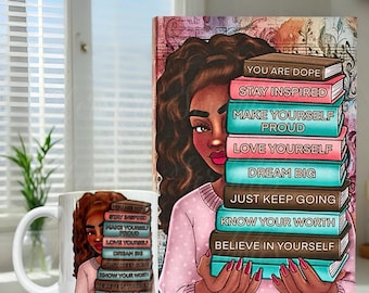 Black Woman Journal Gift Set: Positive Affirmation Mug, Bracelet & Keychain